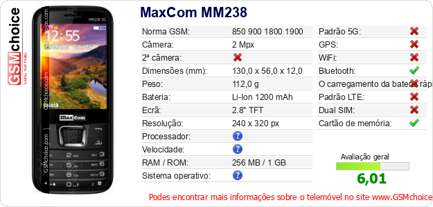 MaxCom MM238 Especificações técnicas do telemóvel MaxCom MM238 Especificações técnicas do telemóvel
