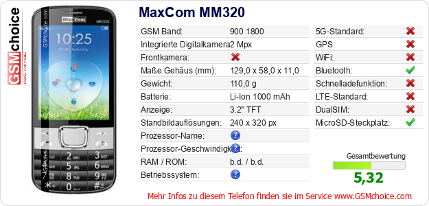 MaxCom MM320 technische Daten MaxCom MM320 technische Daten