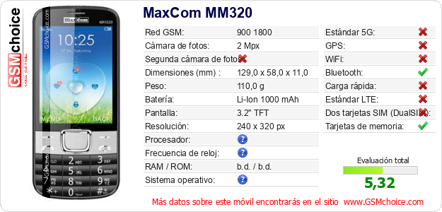 MaxCom MM320 Datos técnicos del móvil MaxCom MM320 Datos técnicos del móvil