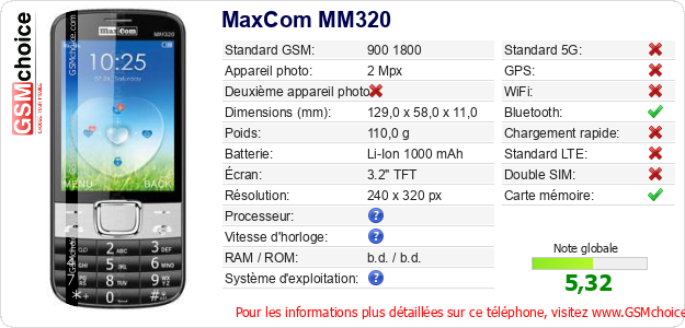 MaxCom MM320 Fiche technique MaxCom MM320 Fiche technique
