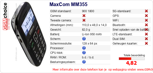 MaxCom MM355 Technische gegevens 