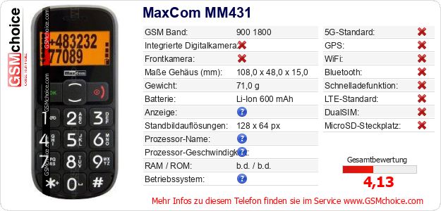 MaxCom MM431 technische Daten MaxCom MM431 technische Daten
