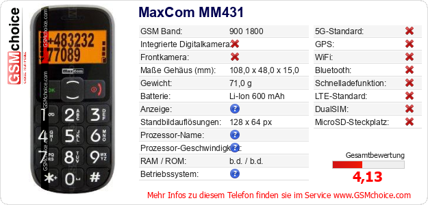 MaxCom MM431 technische Daten MaxCom MM431 technische Daten