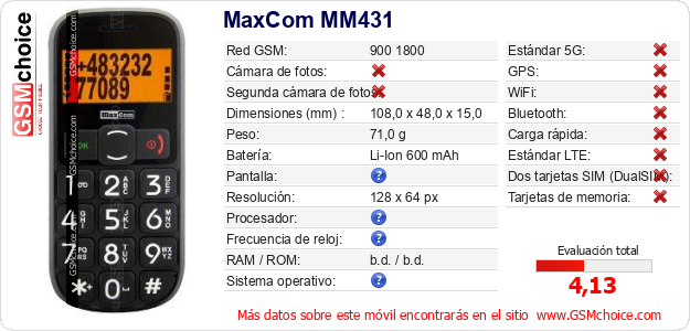 MaxCom MM431 Datos técnicos del móvil MaxCom MM431 Datos técnicos del móvil