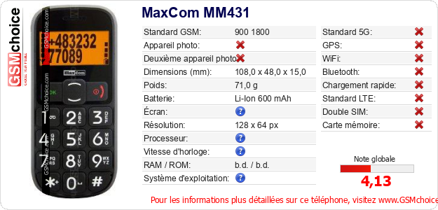 MaxCom MM431 Fiche technique MaxCom MM431 Fiche technique
