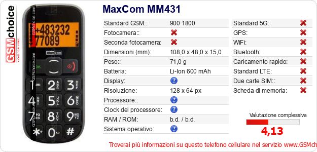 MaxCom MM431 Dati tecnici di telefono cellulare MaxCom MM431 Dati tecnici di telefono cellulare
