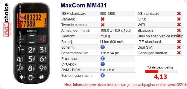 MaxCom MM431 Technische gegevens MaxCom MM431 Technische gegevens