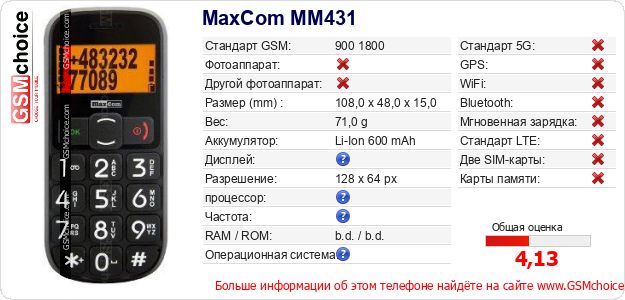 MaxCom MM431 Технические данные телефона MaxCom MM431 Технические данные телефона
