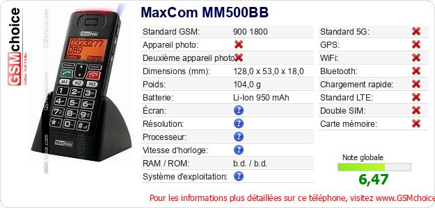 MaxCom MM500BB Fiche technique MaxCom MM500BB Fiche technique