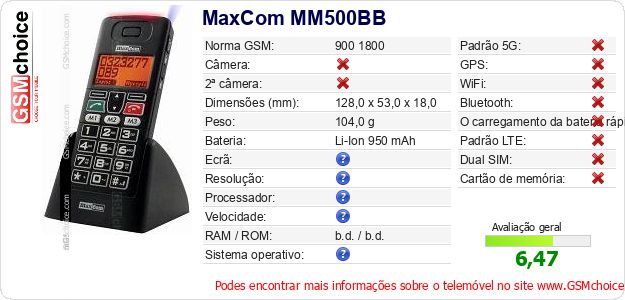 MaxCom MM500BB Especificações técnicas do telemóvel MaxCom MM500BB Especificações técnicas do telemóvel