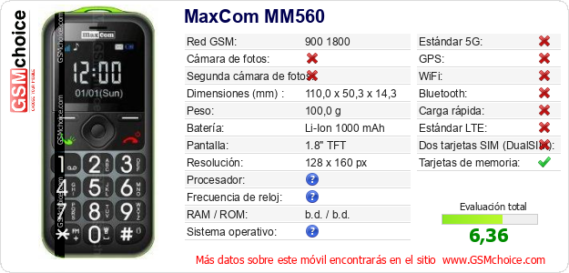 MaxCom MM560 Datos técnicos del móvil MaxCom MM560 Datos técnicos del móvil