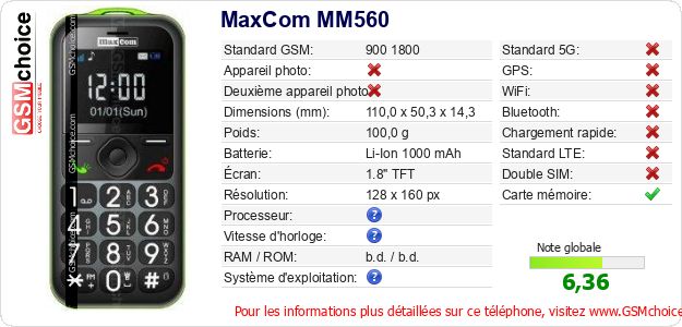 MaxCom MM560 Fiche technique MaxCom MM560 Fiche technique