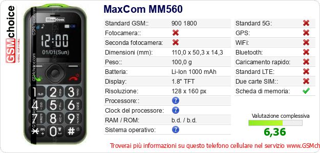 MaxCom MM560 Dati tecnici di telefono cellulare 