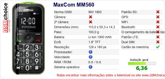 MaxCom MM560 Especificações técnicas do telemóvel 