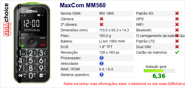 MaxCom MM560 Especificações técnicas do telemóvel 
