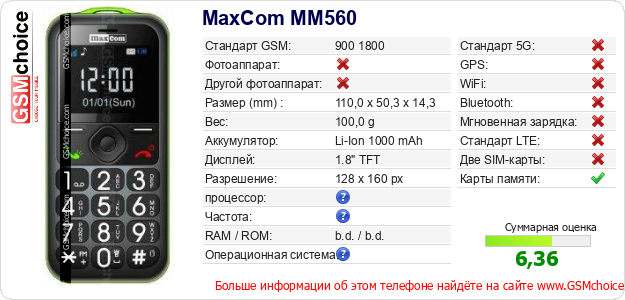 MaxCom MM560 Технические данные телефона MaxCom MM560 Технические данные телефона