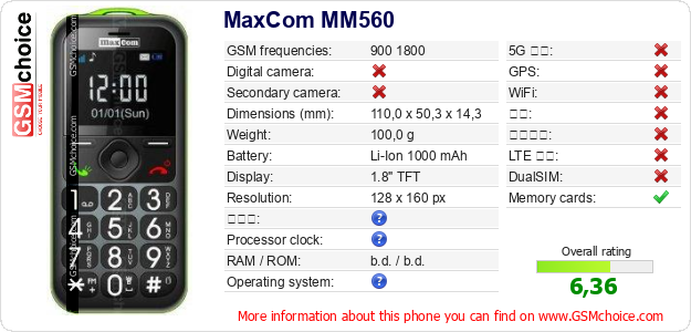 MaxCom MM560 手机技术数据
