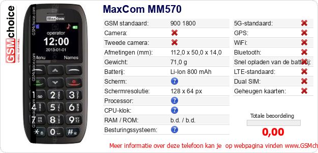 MaxCom MM570 Technische gegevens MaxCom MM570 Technische gegevens
