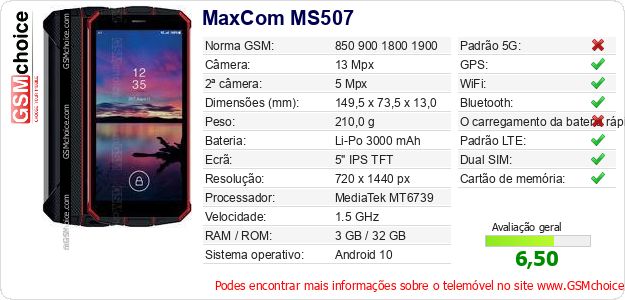 MaxCom MS507 Especificações técnicas do telemóvel 