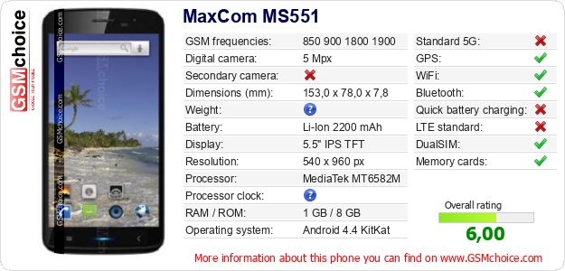 MaxCom MS551 technical specifications MaxCom MS551 technical specifications