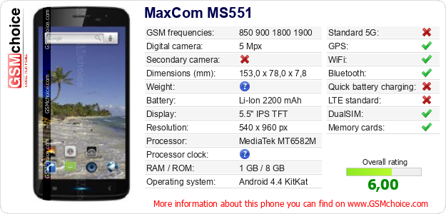 MaxCom MS551 technical specifications MaxCom MS551 technical specifications