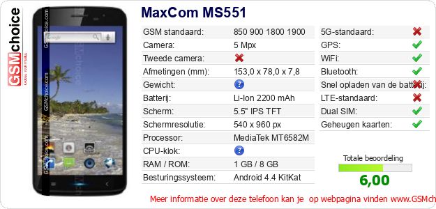 MaxCom MS551 Technische gegevens MaxCom MS551 Technische gegevens