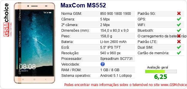 MaxCom MS552 Especificações técnicas do telemóvel 