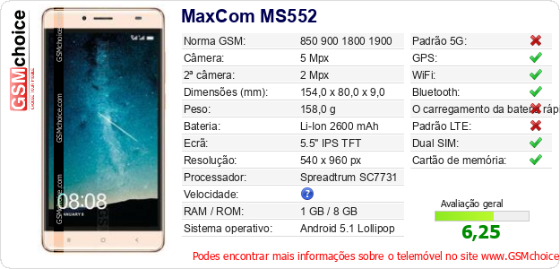 MaxCom MS552 Especificações técnicas do telemóvel 