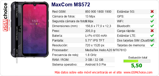MaxCom MS572 Datos técnicos del móvil MaxCom MS572 Datos técnicos del móvil