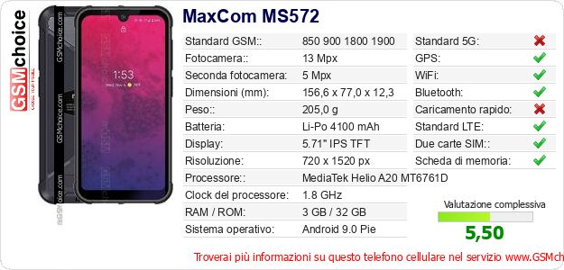 MaxCom MS572 Dati tecnici di telefono cellulare 