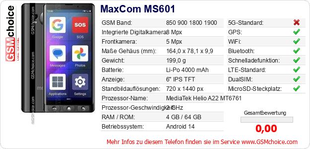 MaxCom MS601 technische Daten MaxCom MS601 technische Daten