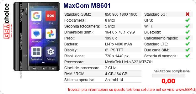 MaxCom MS601 Dati tecnici di telefono cellulare 