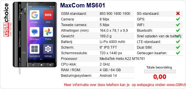 MaxCom MS601 Technische gegevens 