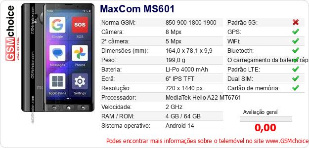 MaxCom MS601 Especificações técnicas do telemóvel MaxCom MS601 Especificações técnicas do telemóvel