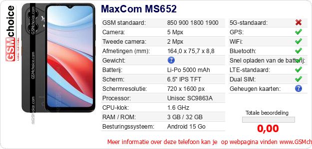 MaxCom MS652 Technische gegevens MaxCom MS652 Technische gegevens