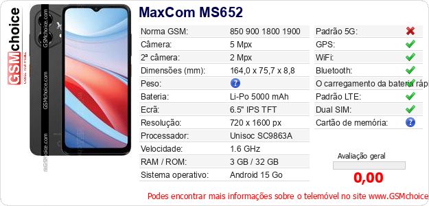 MaxCom MS652 Especificações técnicas do telemóvel MaxCom MS652 Especificações técnicas do telemóvel