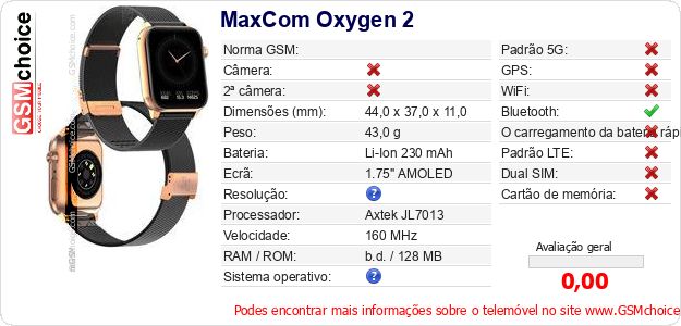 MaxCom Oxygen 2 Especificações técnicas do telemóvel MaxCom Oxygen 2 Especificações técnicas do telemóvel