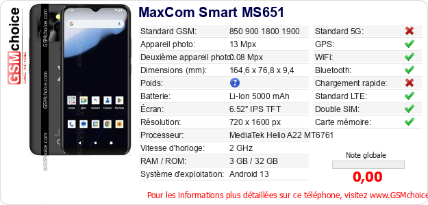 MaxCom Smart MS651 Fiche technique