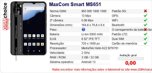 MaxCom Smart MS651 Especificações técnicas do telemóvel 