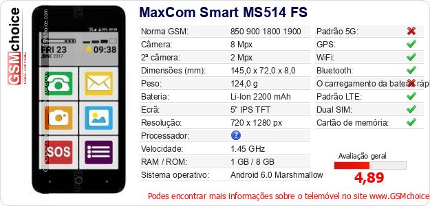 MaxCom Smart MS514 FS Especificações técnicas do telemóvel 