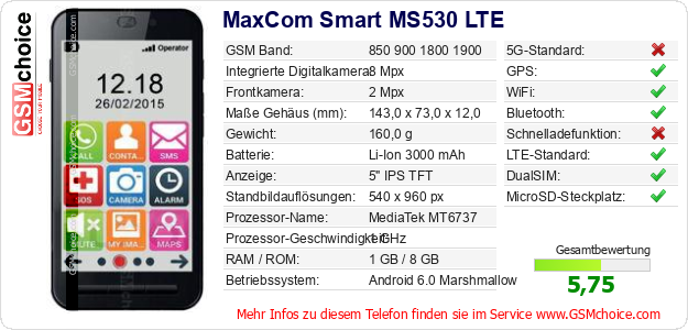 MaxCom Smart MS530 LTE technische Daten MaxCom Smart MS530 LTE technische Daten