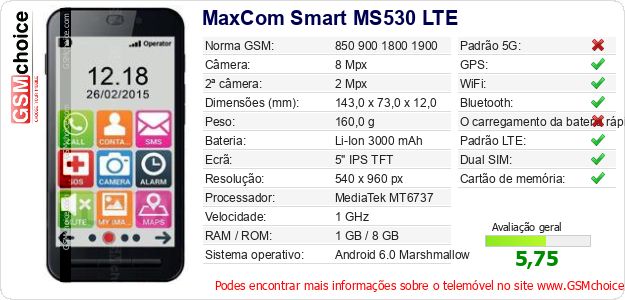 MaxCom Smart MS530 LTE Especificações técnicas do telemóvel 