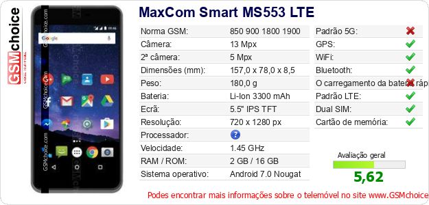 MaxCom Smart MS553 LTE Especificações técnicas do telemóvel 