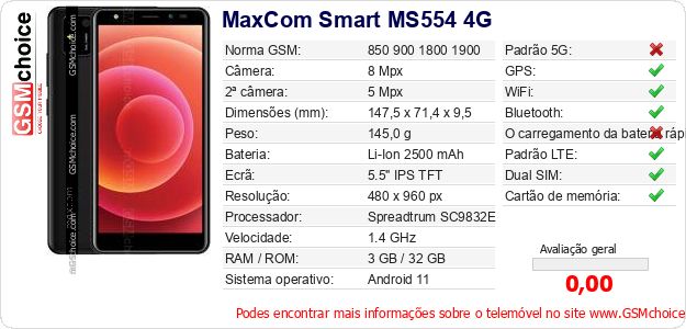 MaxCom Smart MS554 4G Especificações técnicas do telemóvel MaxCom Smart MS554 4G Especificações técnicas do telemóvel
