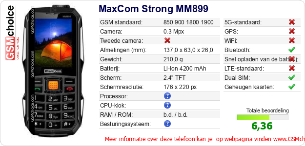 MaxCom Strong MM899 Technische gegevens MaxCom Strong MM899 Technische gegevens