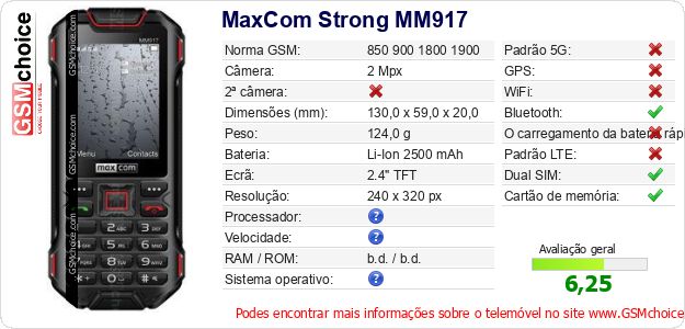 MaxCom Strong MM917 Especificações técnicas do telemóvel MaxCom Strong MM917 Especificações técnicas do telemóvel