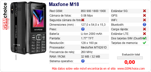 Maxfone M18 Datos técnicos del móvil 