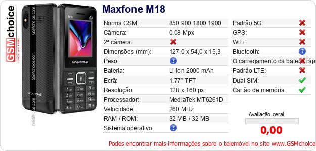 Maxfone M18 Especificações técnicas do telemóvel Maxfone M18 Especificações técnicas do telemóvel