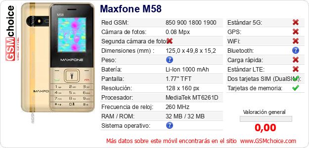 Maxfone M58 Datos técnicos del móvil Maxfone M58 Datos técnicos del móvil