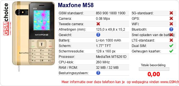 Maxfone M58 Technische gegevens Maxfone M58 Technische gegevens